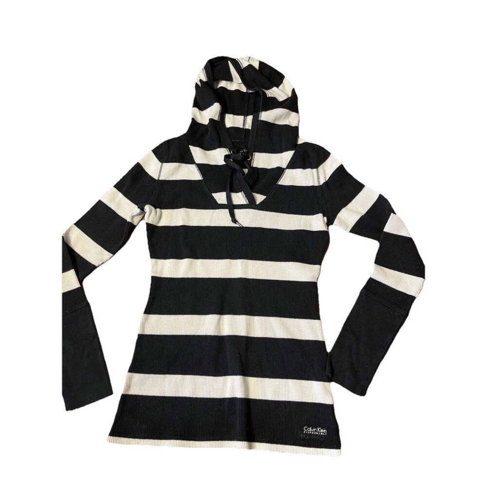 Calvin Klein Performance Women’s Small Striped Hoodie Black White Pullover